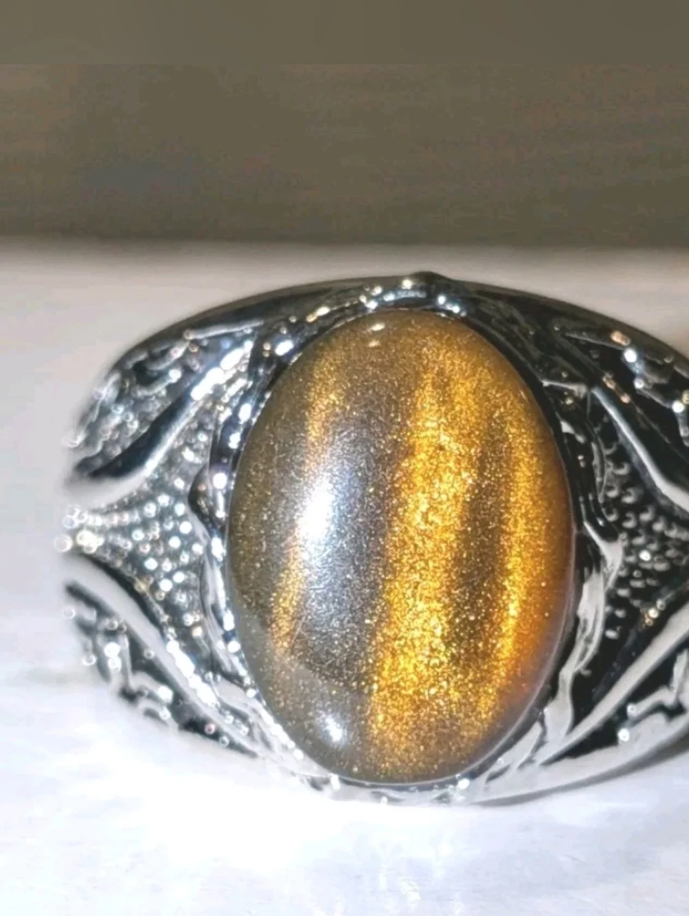Men Oval Tiger Eye Gemstone Silver Plated Ring , Brown Veined Stone Ring Sz 10